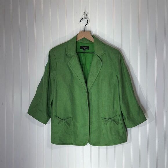 Talbots 12W Green Linen Cotton Blazer Bow Pockets 3/4 Sleeve Jacket Retro Chic - Picture 1 of 7
